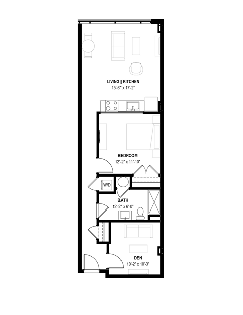 Floor plan for 1 bed, 1 bath, 803 sqft